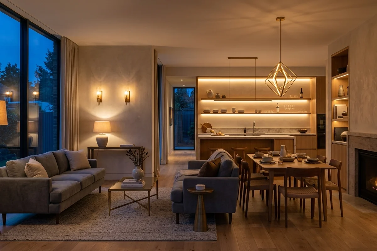צילום רחב של חלל בית מעוצב עם סלון, פינת אוכל ומטבח בתאורה שכבתית חמה הכוללת מנורת תלייה, מנורות קיר, מנורת רצפה ותאורת אווירה נעימה