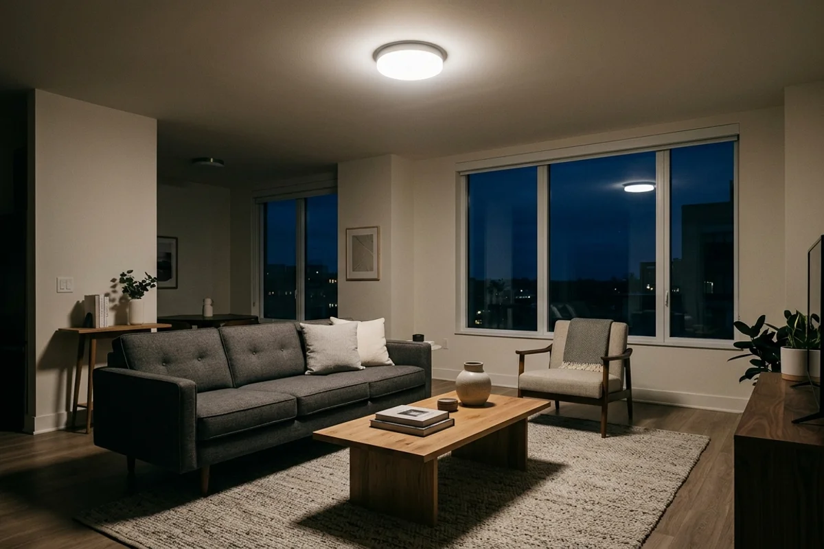 סלון ביתי מעוצב שמואר רק על ידי גוף תאורה מרכזי בתקרה, עם אור שטוח וחלל חסר עומק שמדגיש את הטעות של תאורה אחת לכל הבית