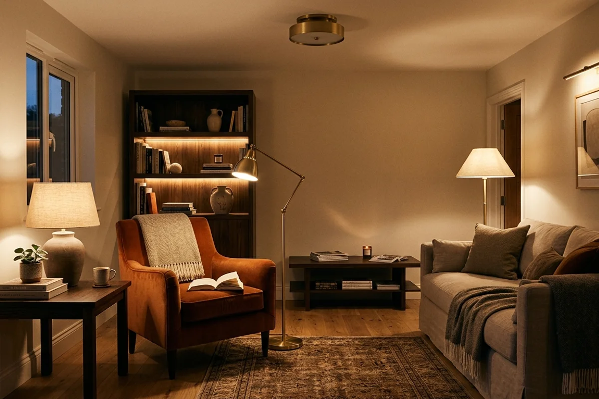 סלון חמים עם תאורת אווירה משולבת הכוללת מנורת שולחן, מנורת רצפה ותאורה צדדית רכה שיוצרת תחושה ביתית ונעימה