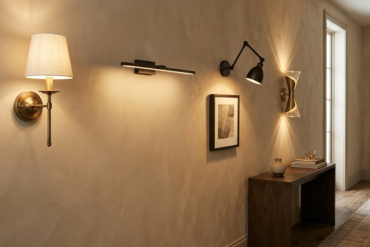 קיר מעוצב בבית עם כמה סוגי מנורות קיר, כולל מנורת קיר קלאסית, גוף מודרני, ספוט מתכוונן ותאורה דקורטיבית שמקרינה אור כלפי מעלה ומטה