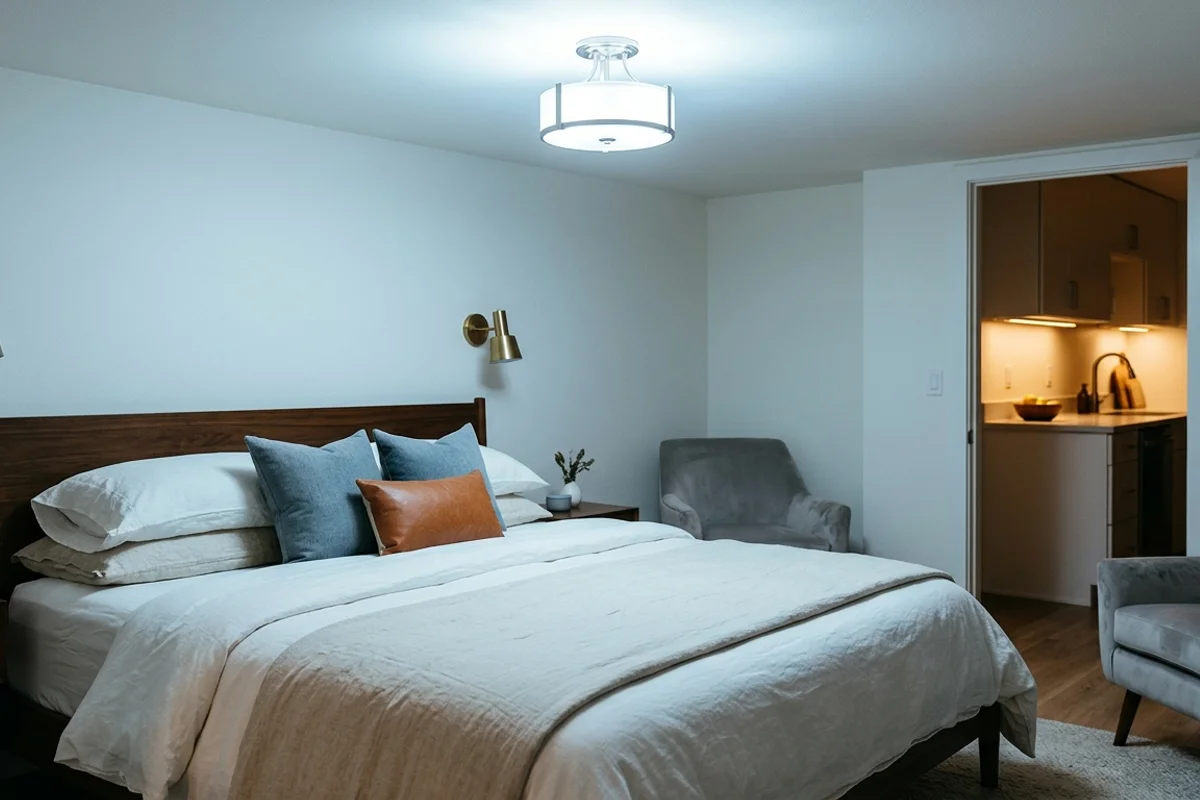 חדר שינה מעוצב שמואר בתאורה חזקה וקרה מדי ויוצר תחושה לא נעימה, כדוגמה לבחירת תאורה לא מתאימה לחדר