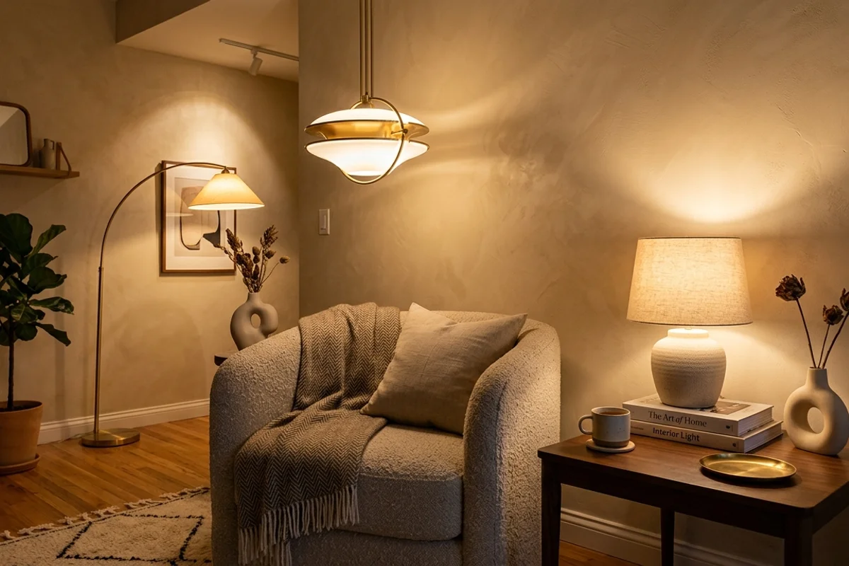 פינת ישיבה ביתית מעוצבת שבה התאורה הופכת חלל פשוט למראה אלגנטי, חמים ויוקרתי