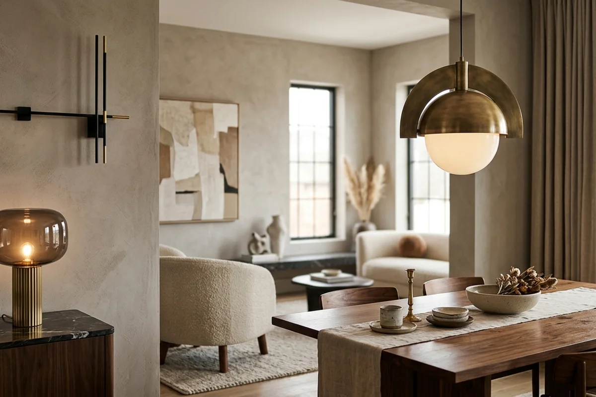 גופי תאורה מעוצבים מחומרים יוקרתיים כמו פליז, זכוכית מעושנת ומתכת שחורה בחלל פנים אלגנטי