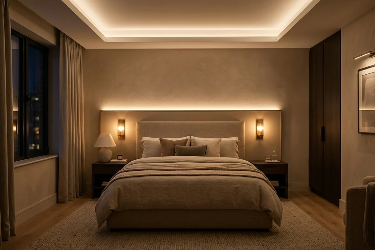 חדר שינה בסגנון מלון בוטיק עם תאורת שכבות, מנורות קיר לצד המיטה ותאורה נסתרת רכה