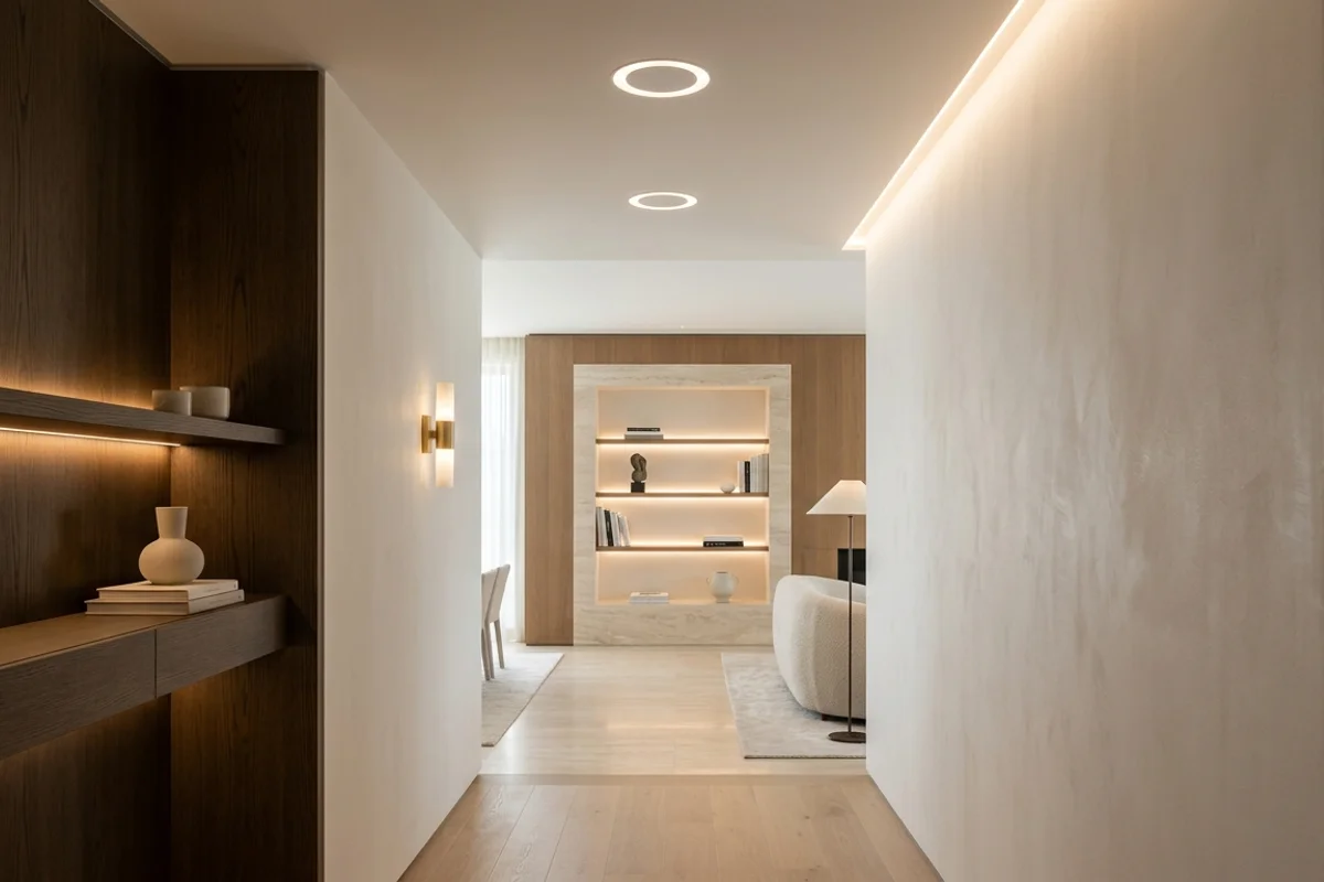 תאורה נסתרת בקיר ובתקרה לצד צמודי תקרה ומנורות קיר, היוצרת מראה מינימליסטי ויוקרתי