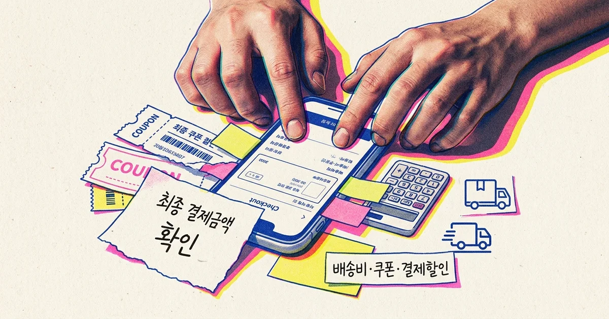 결제 직전 스마트폰 화면과 쿠폰 메모를 함께 보여주며 알리 결제 전에 최종 금액을 확인해야 함을 강조한 이미지