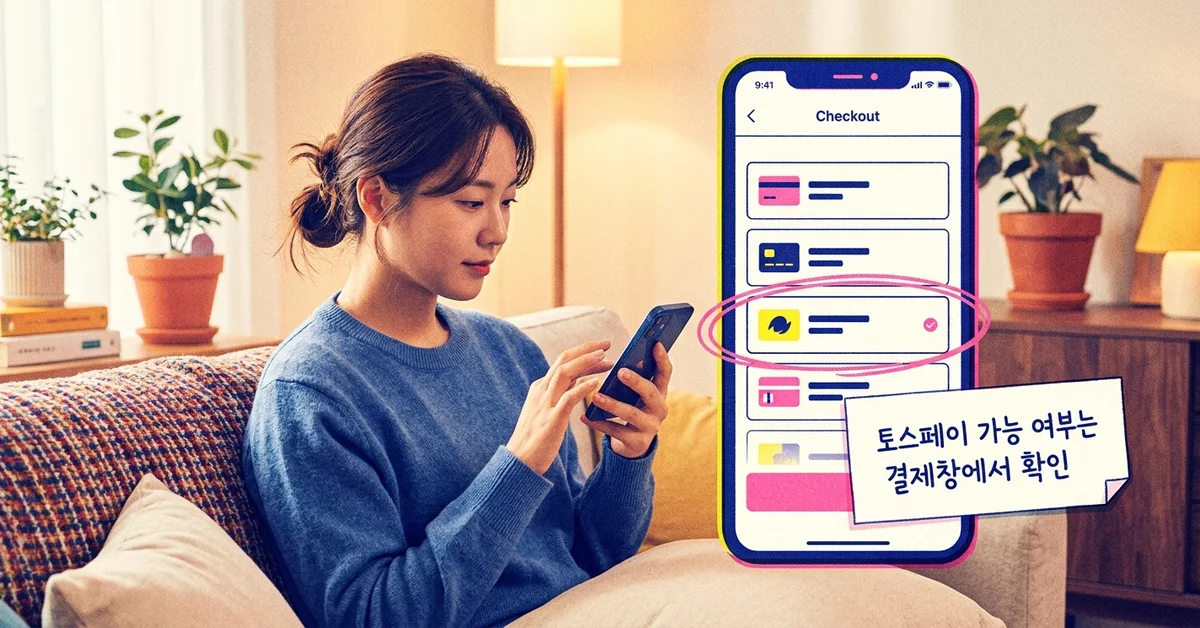 알리익스프레스 결제창에서 토스페이 사용 가능 여부를 직접 확인하는 장면을 표현한 이미지