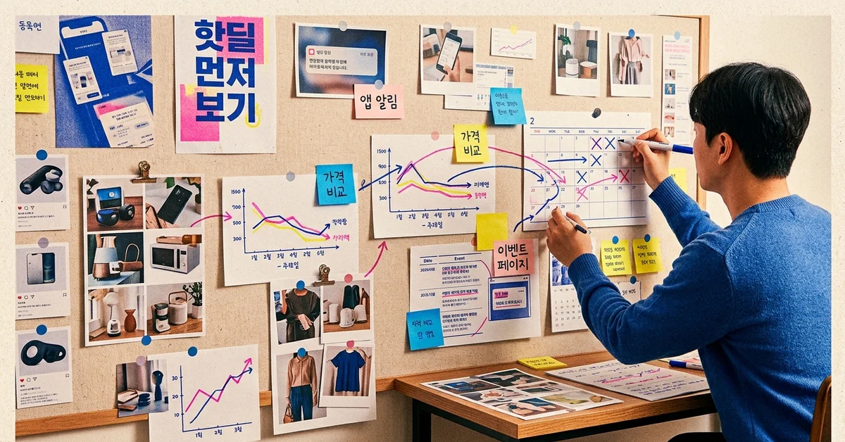 알리 핫딜을 앱 알림과 이벤트 페이지, 가격 비교로 먼저 확인하는 과정을 보여주는 리소그래프 스타일 이미지