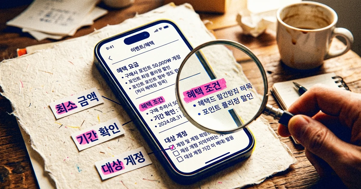 토스페이 결제 혜택의 최소 금액과 기간, 대상 계정 조건을 꼼꼼히 확인하는 장면을 표현한 이미지