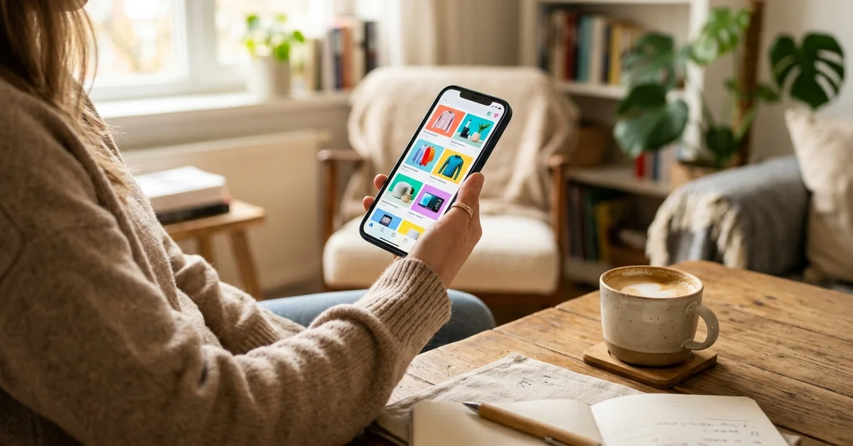 Main tenant un smartphone pour parcourir une application de shopping en ligne dans un intérieur chaleureux, illustration de la découverte de produits sur AliExpress
