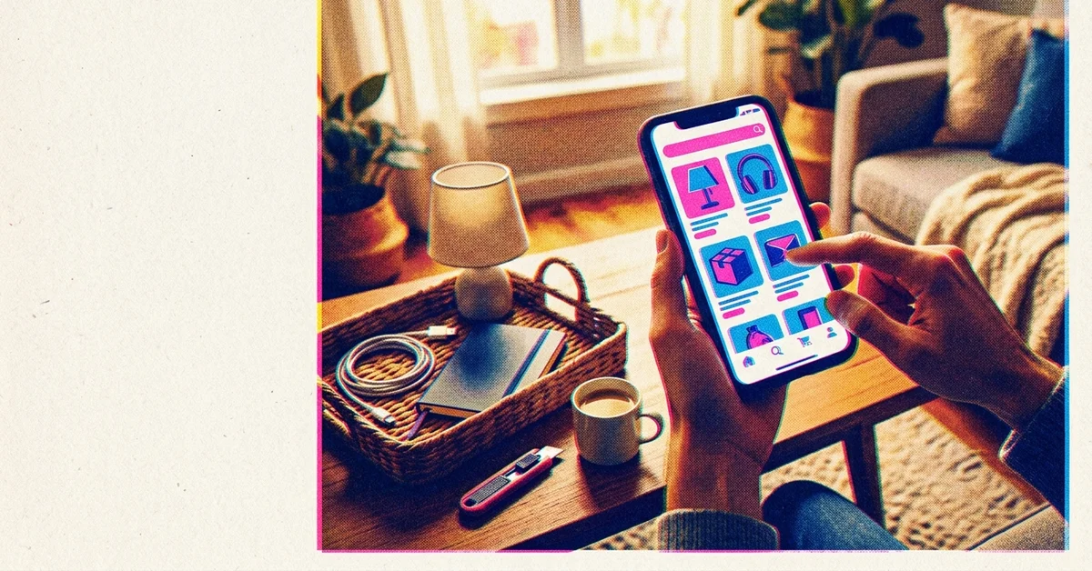 Main tenant un smartphone sur une table basse avec café et petits accessoires du quotidien, évoquant l’ouverture de l’application AliExpress pour regarder des produits en ligne