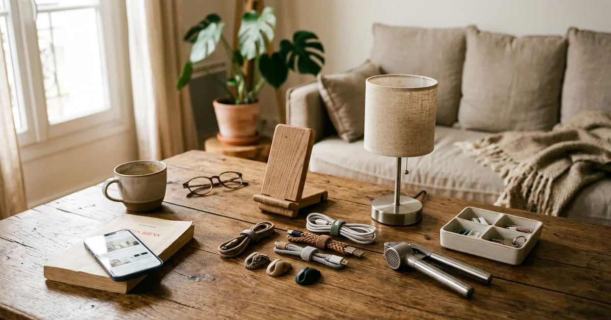 Sélection de petits accessoires utiles posés sur une table, représentant l’envie de cliquer et les achats malins sur AliExpress
