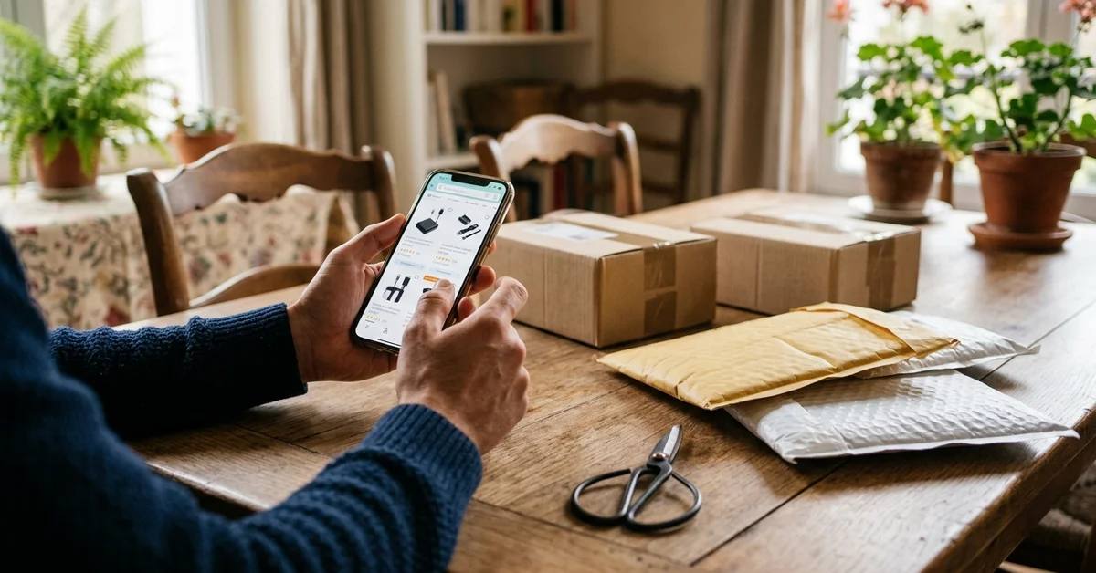 Comparaison de produits sur smartphone avec petits colis à domicile, illustrant l’achat simplifié de produits chinois via l’application AliExpress