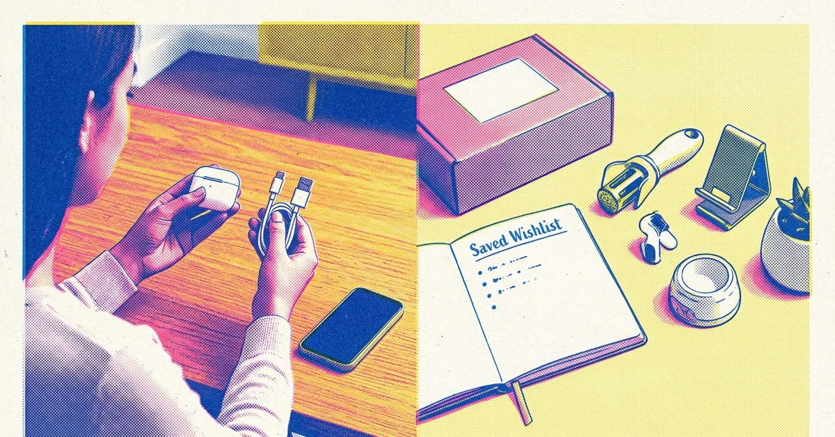 Personne comparant de petits produits à côté d’un smartphone et d’un colis, image illustrant la recherche, la comparaison et l’achat simplifié avec l’application AliExpress