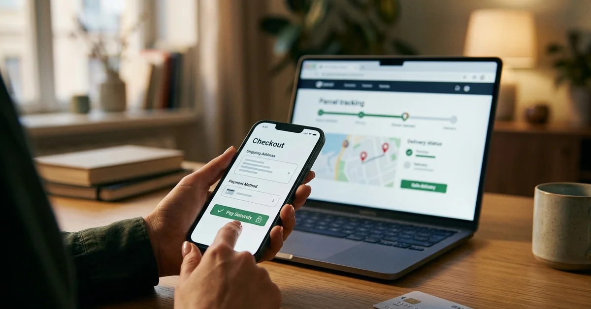 Paiement sécurisé sur smartphone avec carte bancaire et ordinateur en arrière-plan, image sur la fiabilité de l’application AliExpress
