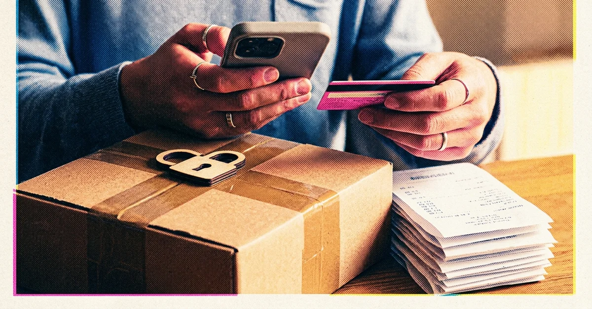 Mains avec smartphone, carte bancaire et colis fermé, scène évoquant la sécurité des paiements et la fiabilité des achats sur AliExpress
