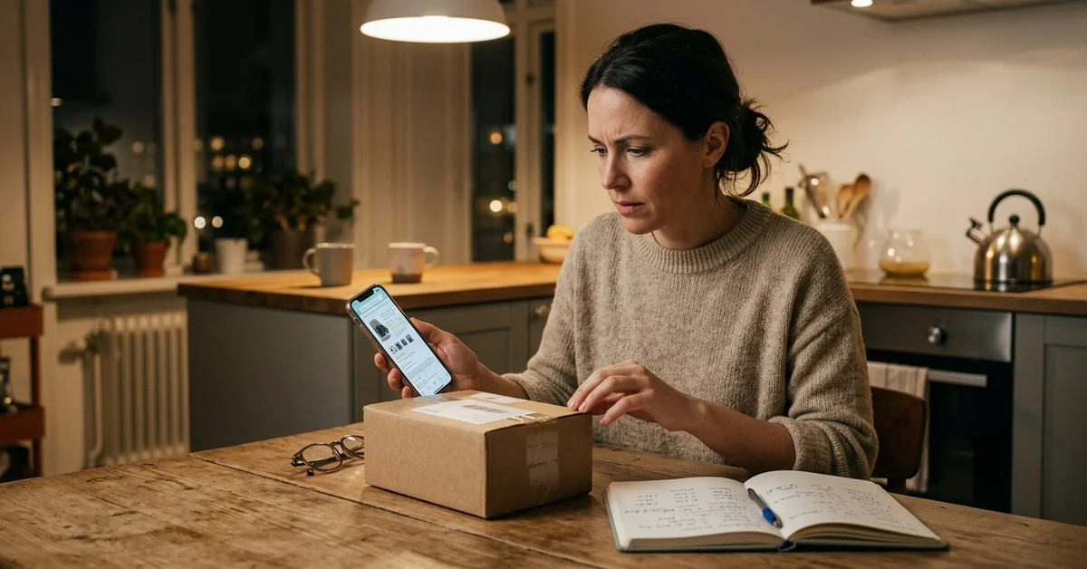 Acheteur prudent vérifiant un colis et les détails d’un produit sur smartphone pour éviter les arnaques sur AliExpress