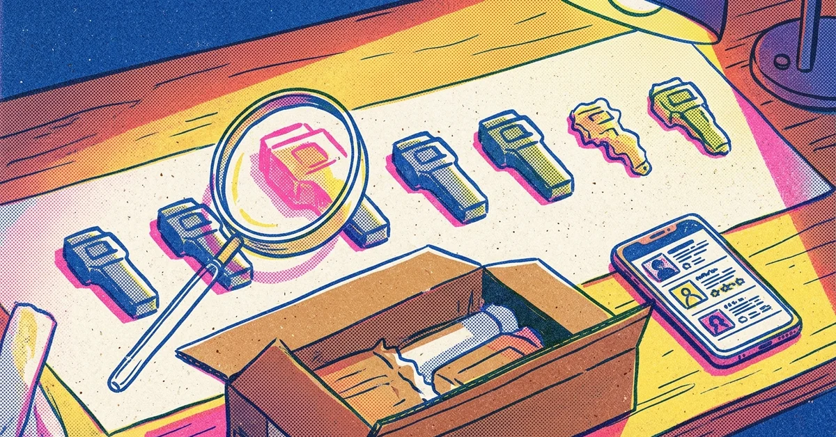 Bureau avec smartphone, loupe, colis et produits comparés, pour illustrer comment éviter les arnaques et vérifier les bons signaux avant un achat sur AliExpress