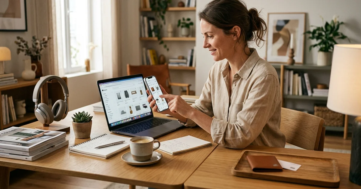 Recherche efficace de produits sur smartphone et ordinateur dans un espace de travail ordonné, évoquant aussi le paiement et la confidentialité sur AliExpress