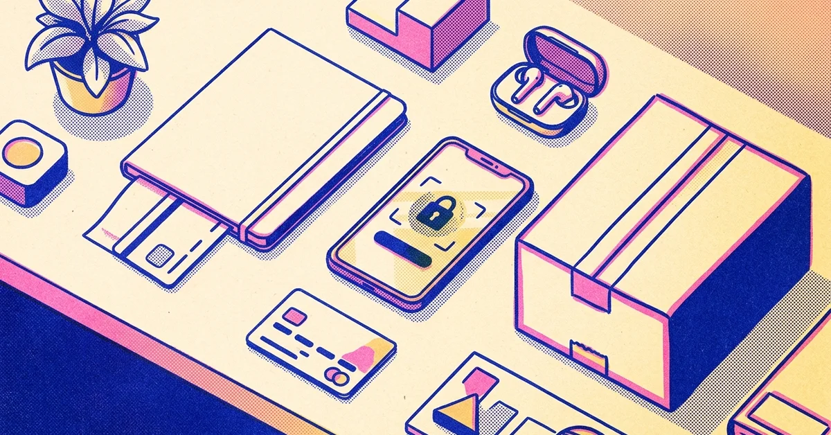 Vue organisée d’un smartphone, d’une carte bancaire et d’un colis sur une table, illustrant le paiement, la confidentialité et la gestion des données lors d’achats sur AliExpress