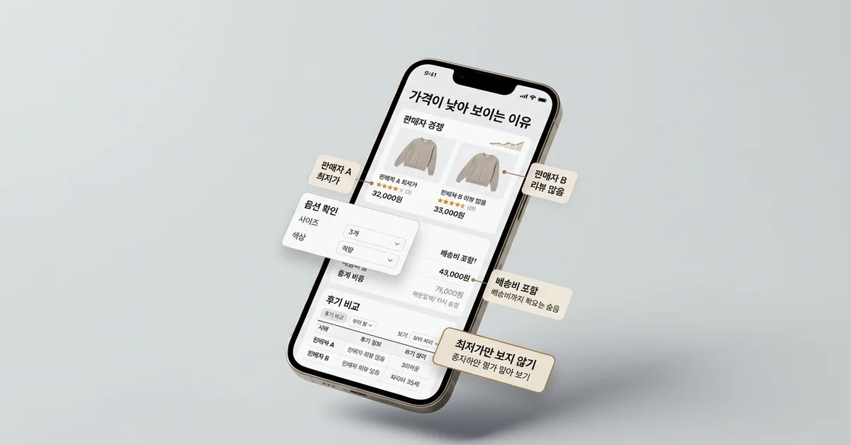 알리익스프레스의 낮은 가격이 판매자 경쟁과 옵션 차이에서 나온다는 점을 보여주는 가격 비교 UI 이미지