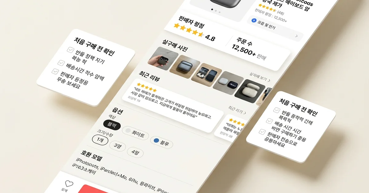 첫 구매 전에 판매자 평점, 주문 수, 실구매 사진, 옵션 정보를 확인하는 상품 상세 UI 이미지
