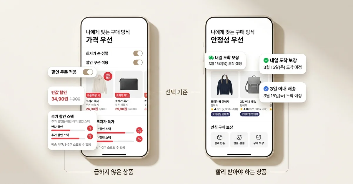 가격 우선 구매와 안정성 우선 구매를 비교해 나에게 맞는 쇼핑 방식을 보여주는 모바일 UI 이미지