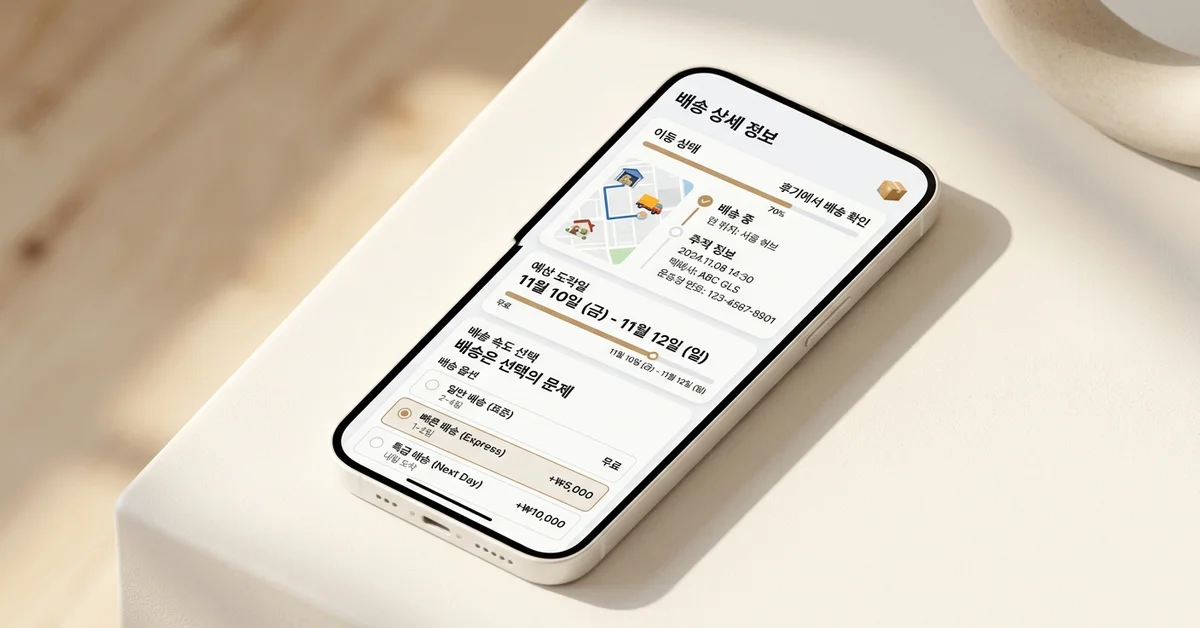 배송 추적 정보와 예상 도착일, 배송 옵션을 한 화면에서 보여주는 한국어 배송 관리 UI 이미지