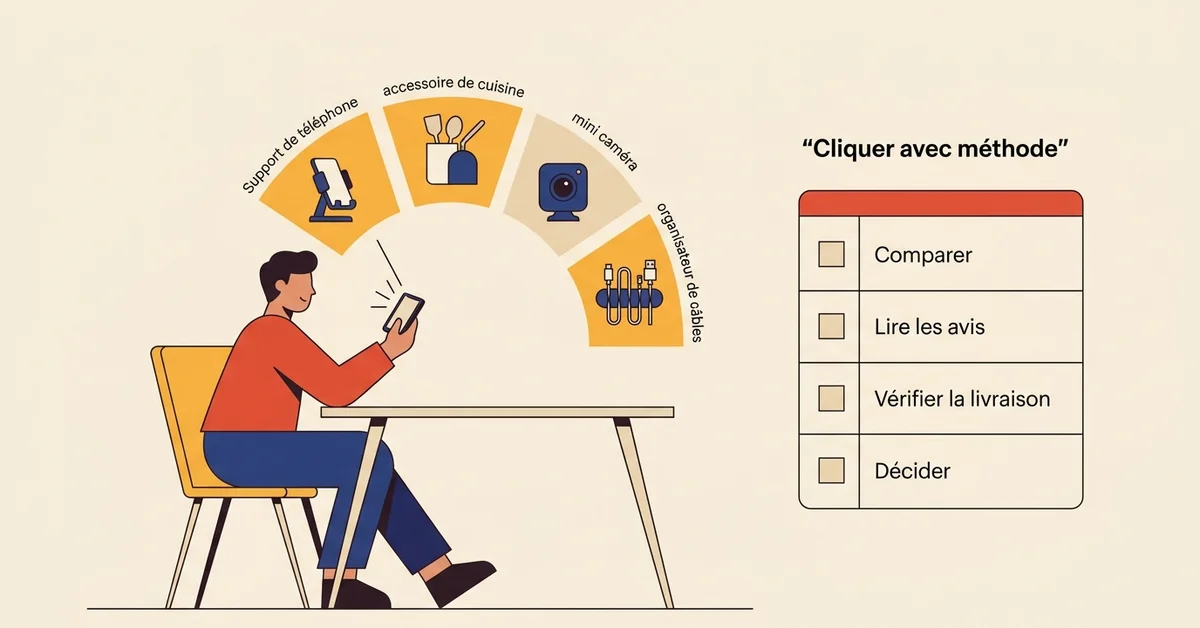 Illustration vectorielle plate d’une personne faisant du shopping sur smartphone avec checklist en français pour comparer les produits, lire les avis et acheter plus intelligemment.