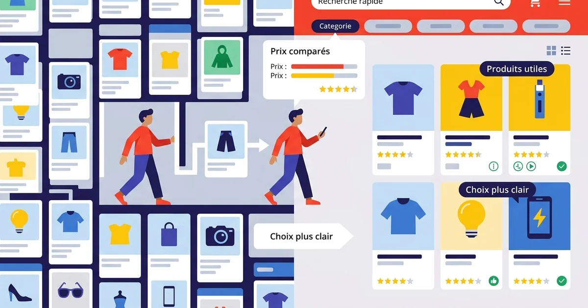 Illustration vectorielle plate comparant une recherche confuse et une sélection claire de produits sur une application de shopping en ligne avec prix comparés et produits utiles.