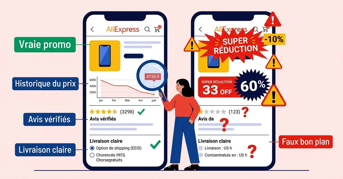 Illustration vectorielle plate montrant comment distinguer une vraie promotion d’un faux bon plan grâce à l’historique du prix, aux avis vérifiés et aux informations de livraison.