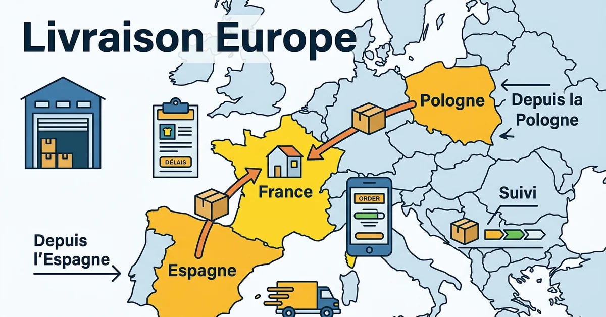 Illustration vectorielle plate d’une carte de l’Europe avec la France reliée à l’Espagne et à la Pologne pour illustrer la livraison, les délais et le suivi des commandes.