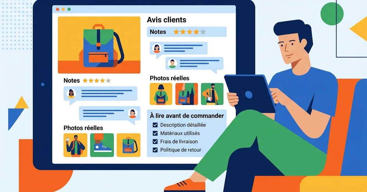 Illustration vectorielle plate d’une page produit avec notes, avis clients, photos réelles et éléments à vérifier avant de commander sur une marketplace.