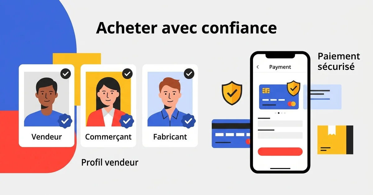 Illustration vectorielle plate montrant profils vendeur, commerçant et fabricant à côté d’un écran de paiement sécurisé pour acheter avec plus de confiance sur une marketplace.