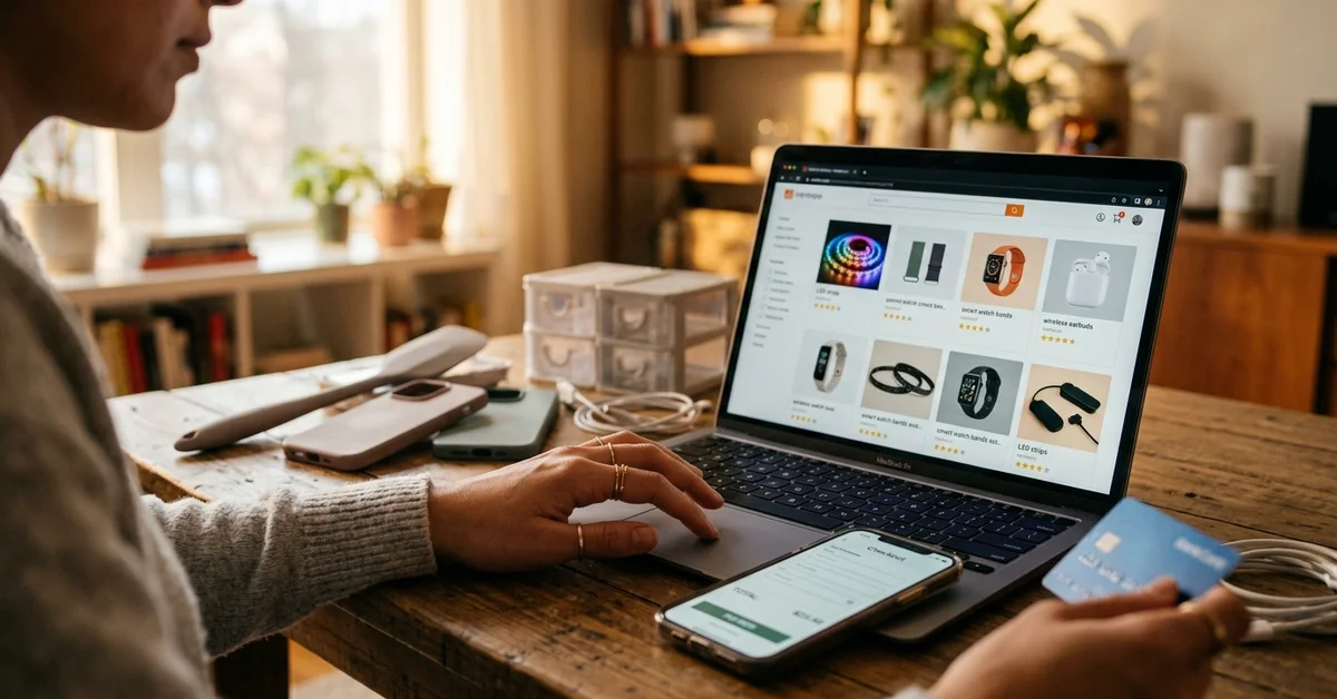 Consommateur hésitant entre deux sites de vente en ligne pour acheter des accessoires pas chers, scène illustrant la comparaison Temu vs AliExpress sur le prix et le choix.
