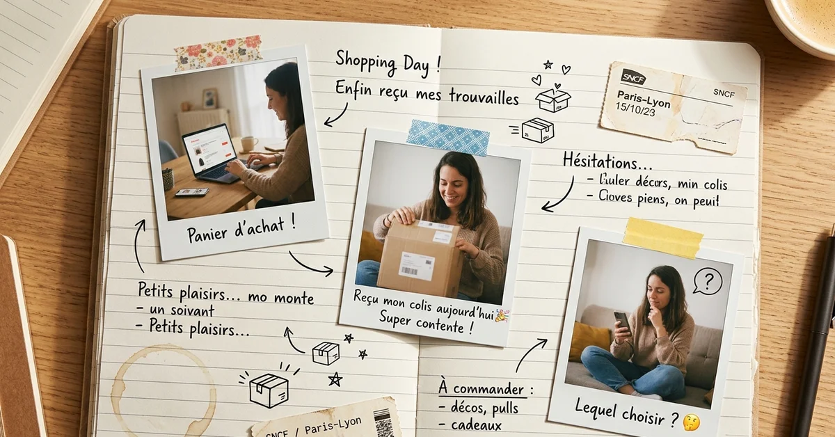 Scrapbook éditorial montrant un acheteur en ligne comparant panier, colis et achat entre deux plateformes, pour illustrer le choix entre Temu et AliExpress