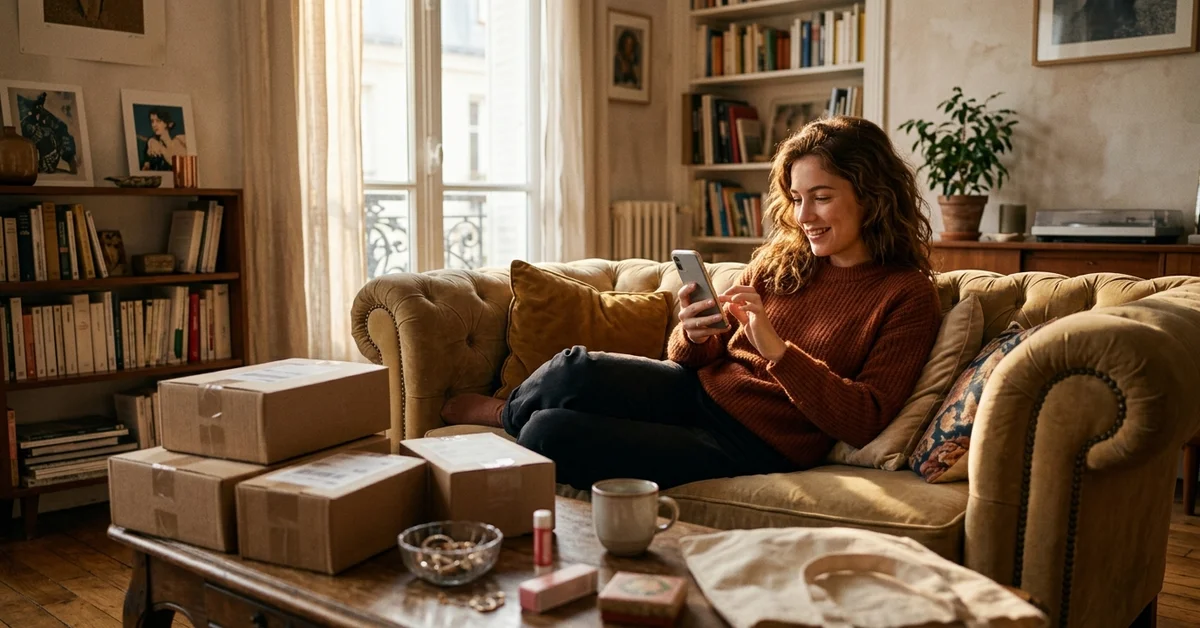 Femme faisant du shopping sur smartphone au milieu de petits colis dans un salon, image illustrant pourquoi le duel Temu vs AliExpress fascine les acheteurs.