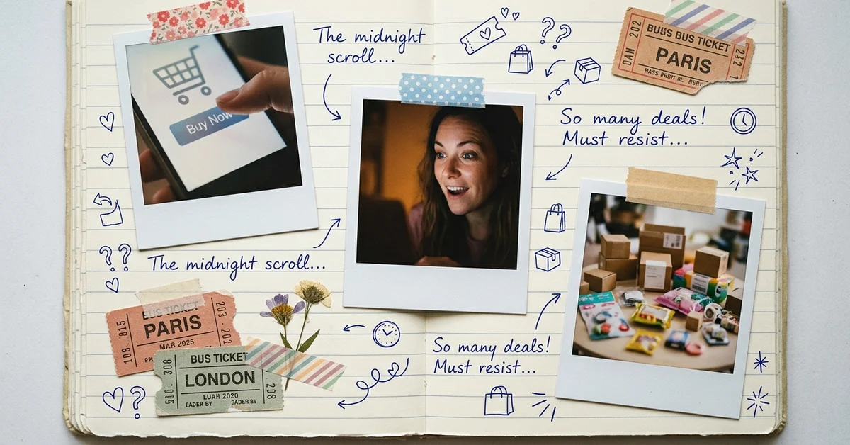 Page de journal scrapbook sur l’obsession des acheteurs pour comparer les petits prix, avec smartphone, réactions et produits du quotidien