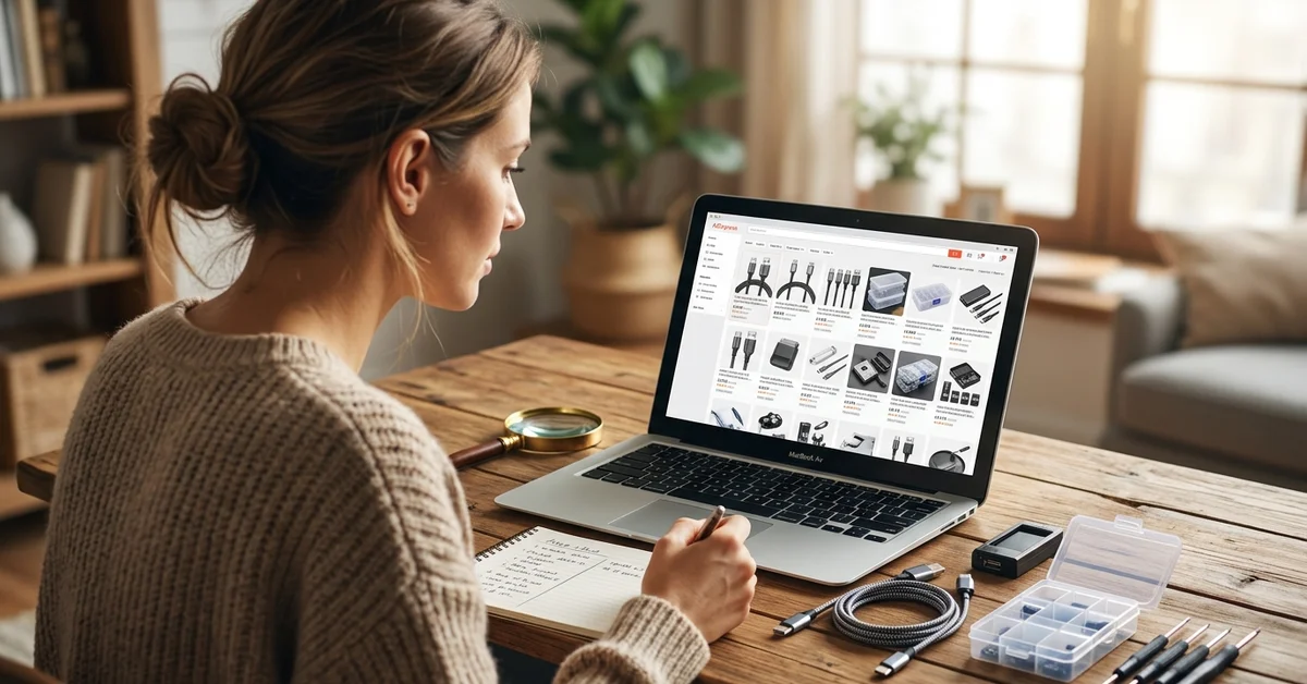 Acheteur comparant plusieurs vendeurs et produits sur ordinateur avec objets testés sur un bureau, scène représentant ce qu’AliExpress fait mieux que Temu pour la recherche et la comparaison.