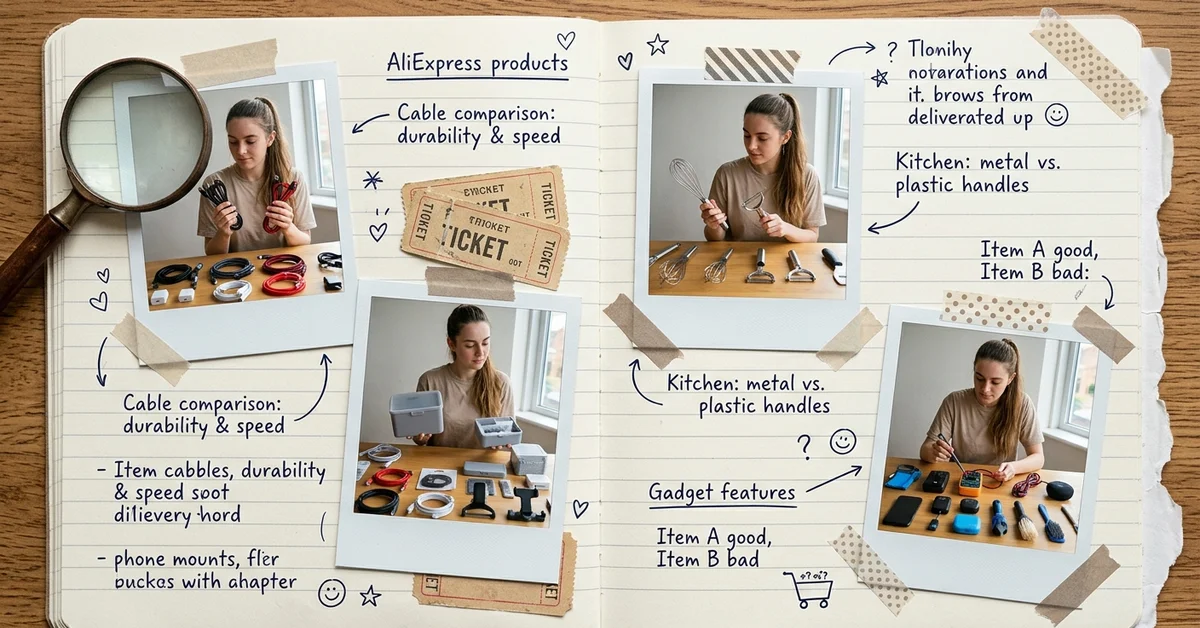 Scrapbook avec comparaison de nombreux produits variés et accessoires, illustrant le large choix et la recherche plus poussée sur AliExpress