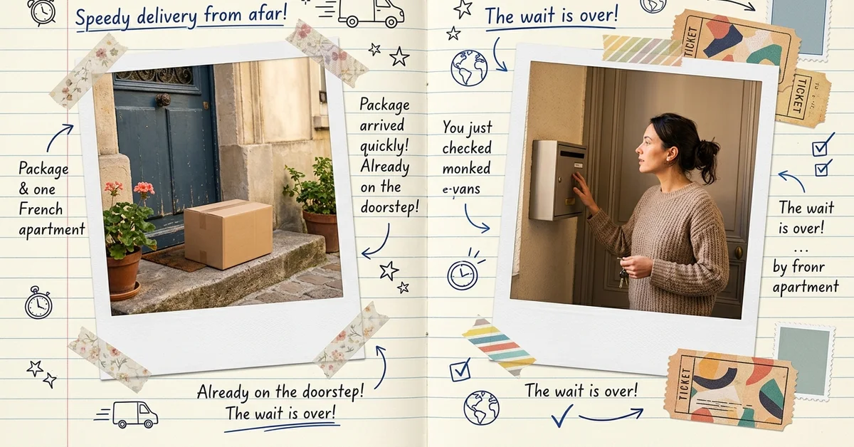 Page scrapbook sur la livraison avec colis reçu à domicile et attente de commande, pour comparer la rapidité entre Temu et AliExpress
