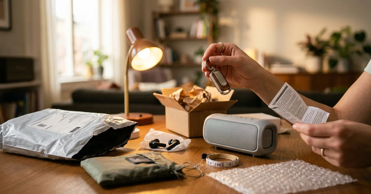 Mains examinant la qualité de plusieurs produits bon marché sortis de colis, illustration de la comparaison entre Temu et AliExpress sur la qualité des articles.