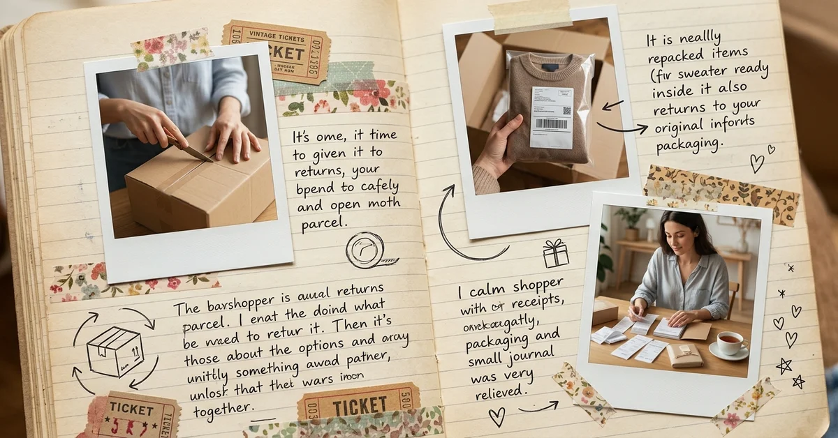 Page de scrapbook sur retours, remboursement et ouverture de colis, illustrant la confiance après achat sur AliExpress ou Temu