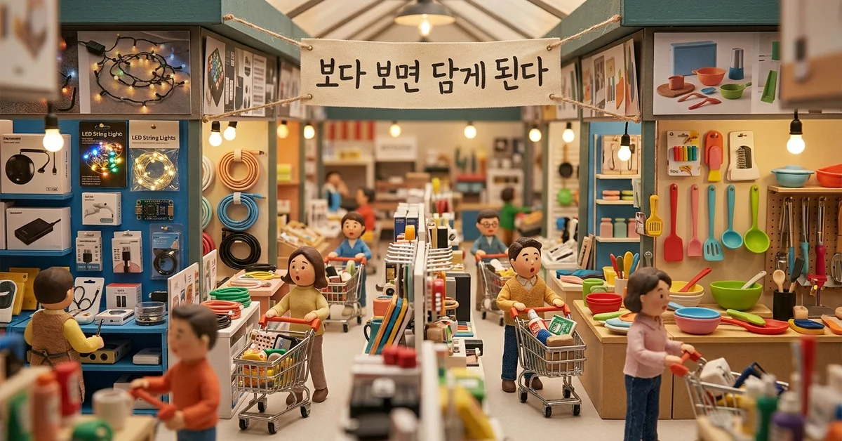 알리익스프레스의 낮은 가격과 다양한 상품에 끌려 장바구니를 채우는 소비자 심리를 표현한 미니어처 시장 장면