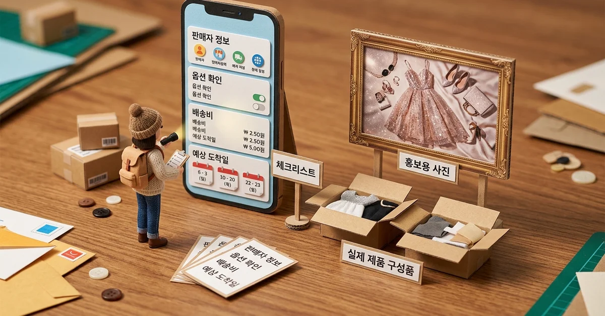 알리익스프레스 초보 이용자가 판매자 정보와 옵션, 배송비, 도착일을 꼼꼼히 확인하는 미니어처 체크리스트 장면
