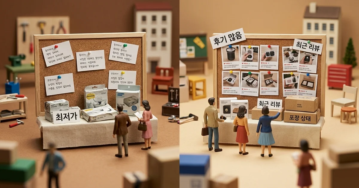 가격보다 판매자 후기와 포장 상태, 최근 리뷰를 보고 shop을 선택해야 한다는 점을 보여주는 미니어처 비교 장면