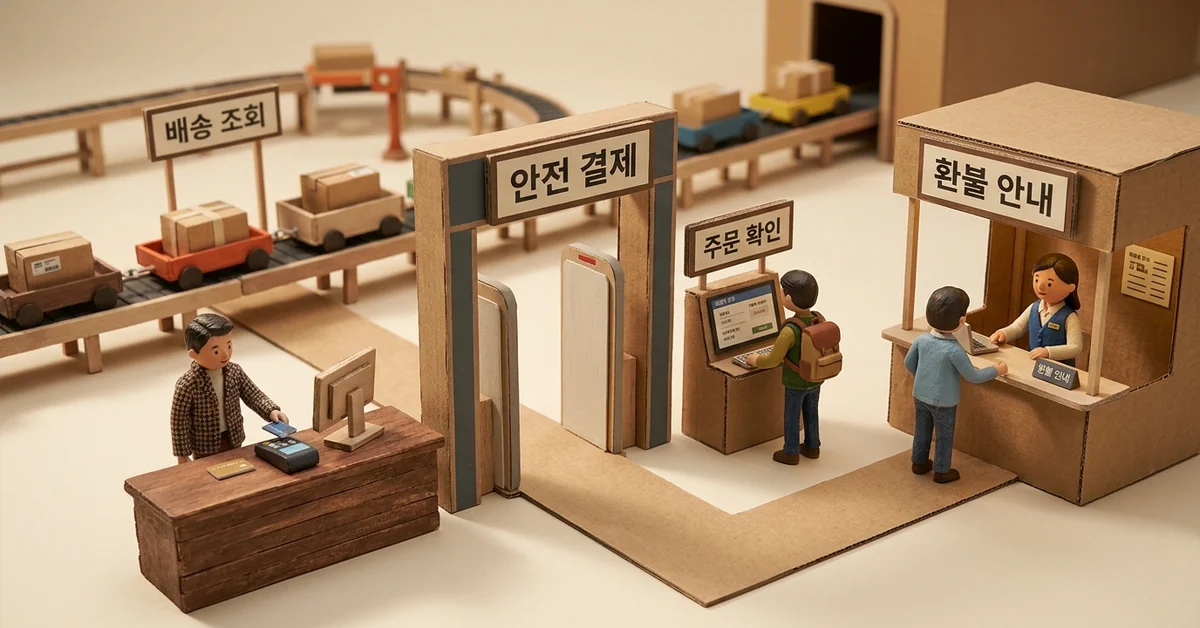 알리익스프레스에서 안전 결제, 주문 확인, 환불 안내, 배송 조회를 한 번에 보여주는 미니어처 디오라마
