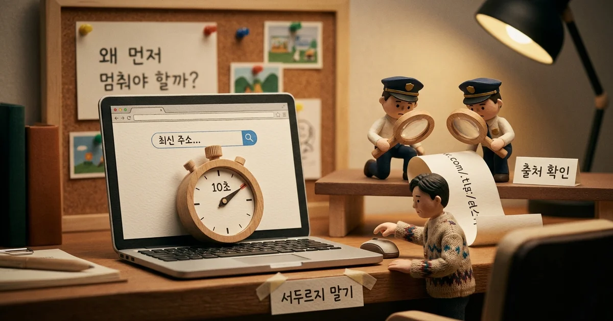 최신주소를 찾기 전에 잠시 멈추고 출처를 확인해야 한다는 메시지를 담은 미니어처 디오라마 사진