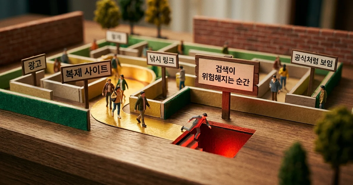밍키넷최신주소 검색 결과 속 광고성 페이지와 낚시 링크 위험을 표현한 미니어처 장면
