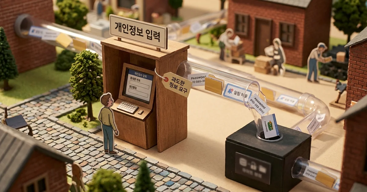 가짜 로그인과 과도한 정보 요구로 개인정보가 새어 나가는 과정을 보여주는 미니어처 디오라마